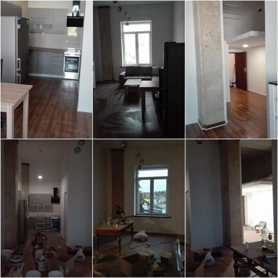 Wnętrze mieszkania w trakcie lub po remoncie: widoczne odnowione podłogi, ściany częściowo pomalowane, kuchnia z nową zabudową, narzędzia i resztki materiałów budowlanych na podłodze w niektórych...