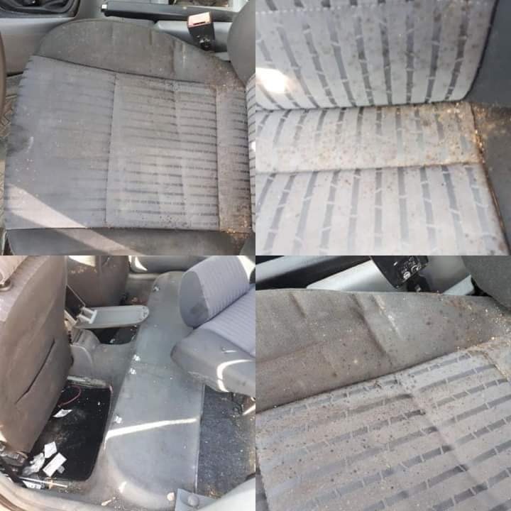 Kolaż przedstawiający bardzo zabrudzone, szare siedzenia samochodowe i podłogę pojazdu przed czyszczeniem. Widoczne plamy, okruchy i inne zabrudzenia na tapicerce i dywanikach.