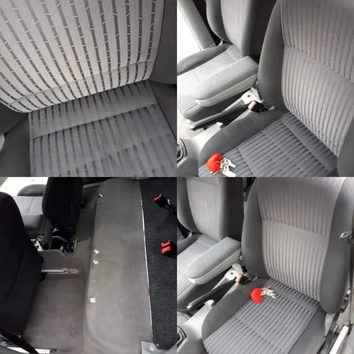 Czyszczenie wnętrza samochodu: kolaż zdjęć pokazujący fragment podsufitki z widocznymi smugami po czyszczeniu, fotel samochodowy z widocznym efektem czyszczenia, tylna podłoga samochodu przed i po...