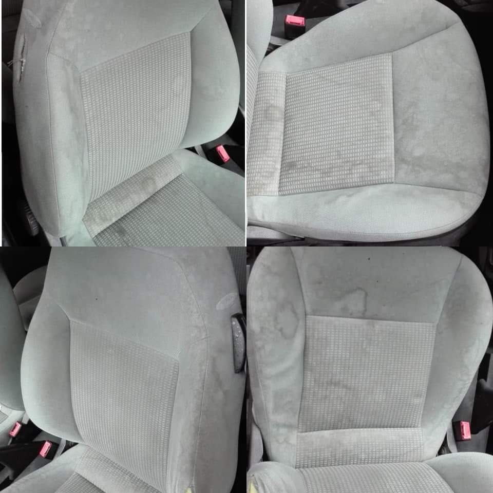 Cztery ujęcia szarego, mocno zabrudzonego fotela samochodowego przed praniem tapicerki w Kielcach, widoczne plamy i zacieki na materiale.