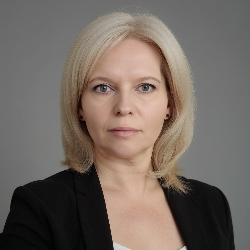 Portret kobiety o blond włosach, ubrana w czarną marynarkę, na szarym tle. Ujęcie centralne, skupione na twarzy. Widoczne delikatne cienie i naturalny odcień skóry.