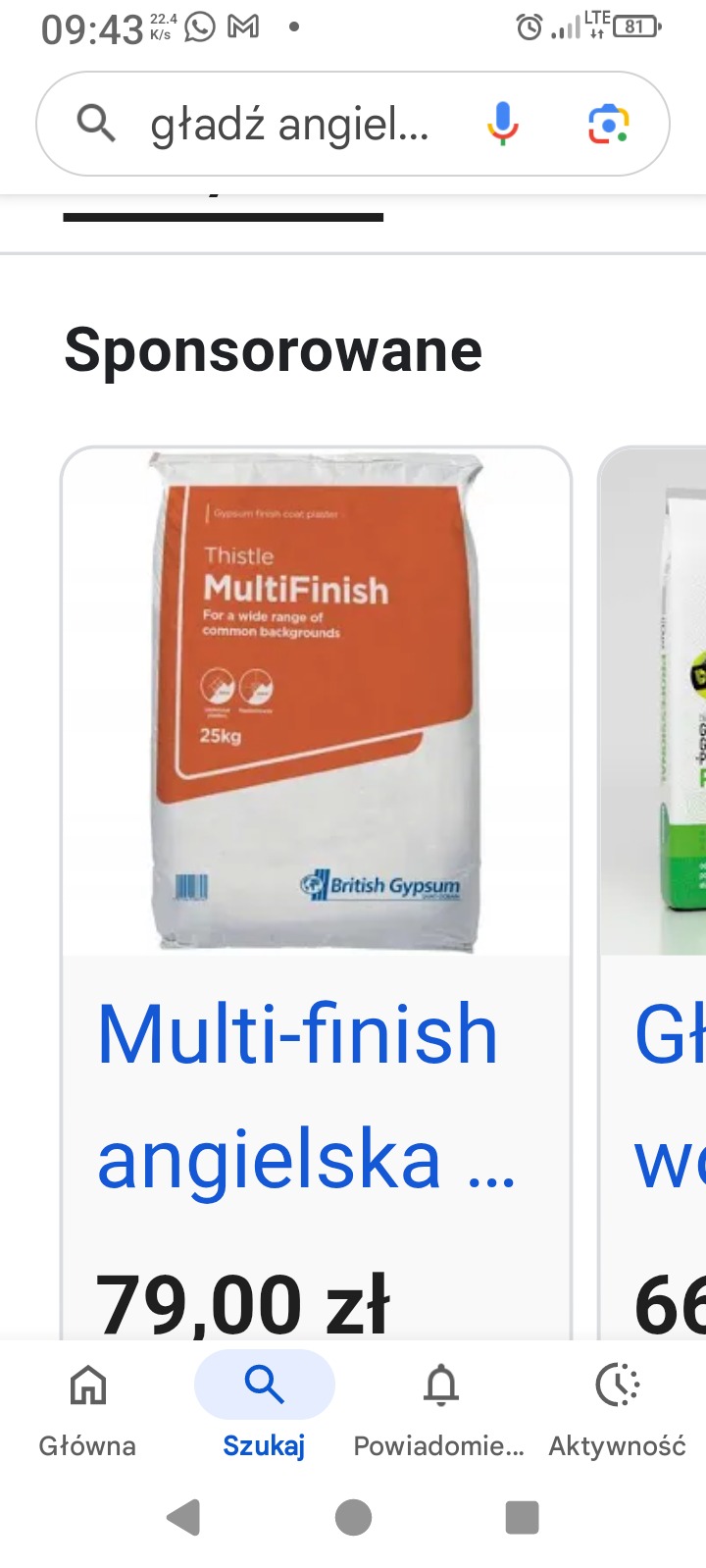 Reklama gładzi angielskiej Thistle MultiFinish 25kg na tle wyników wyszukiwania Google. Widoczny fragment ceny i nazwy produktu. Sponsorowane.