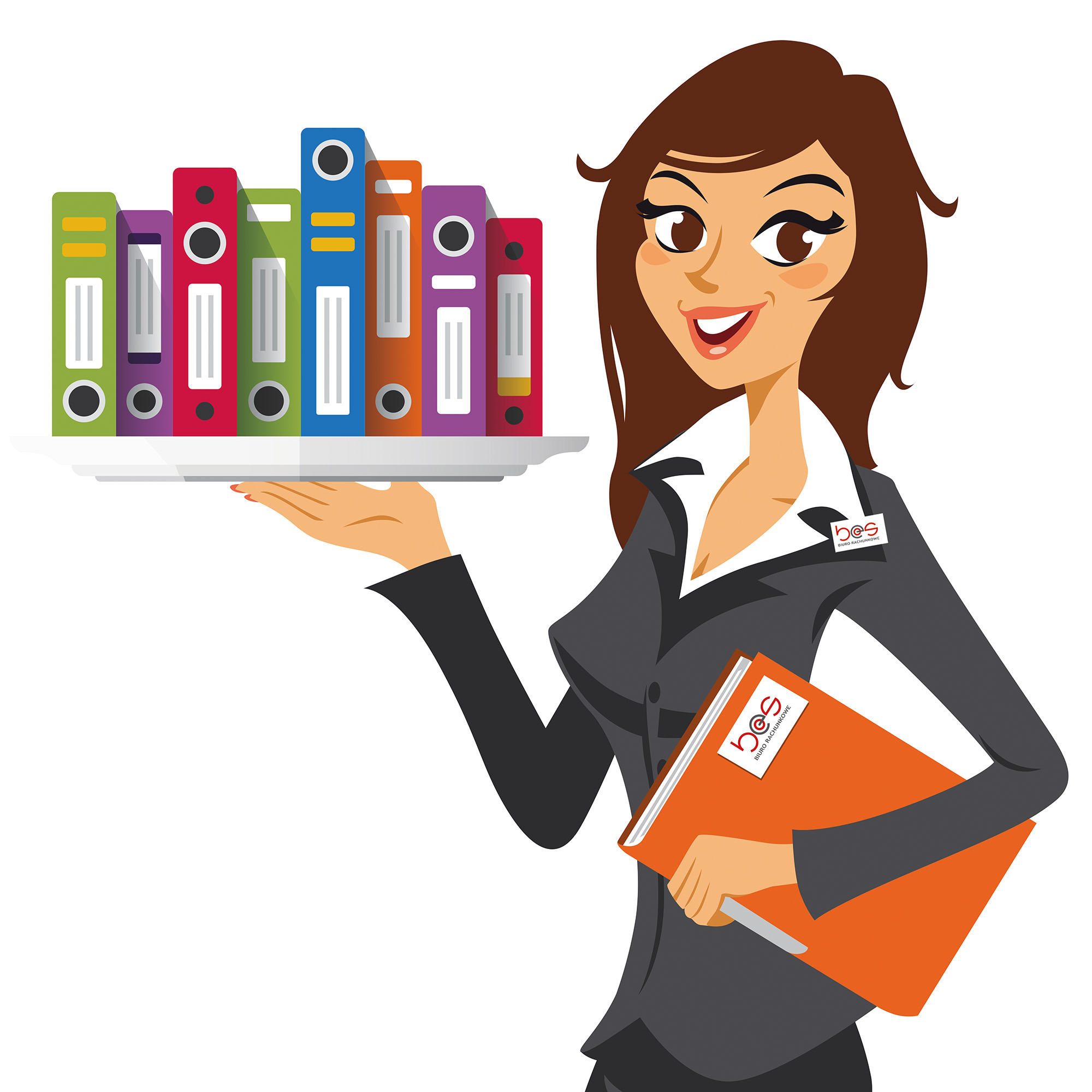 Kobieta w garniturze trzymająca na tacy kolorowe segregatory i pomarańczowy folder z logo firmy.