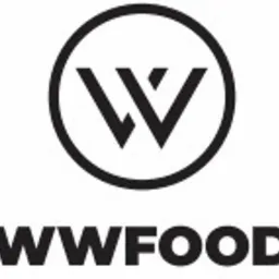 Czarno-białe logo WWFOOD z graficznym elementem przypominającym podwójne litery V w okręgu nad nazwą firmy.