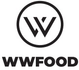 Czarno-białe logo WWFOOD z graficznym elementem przypominającym podwójne litery V w okręgu nad nazwą firmy.