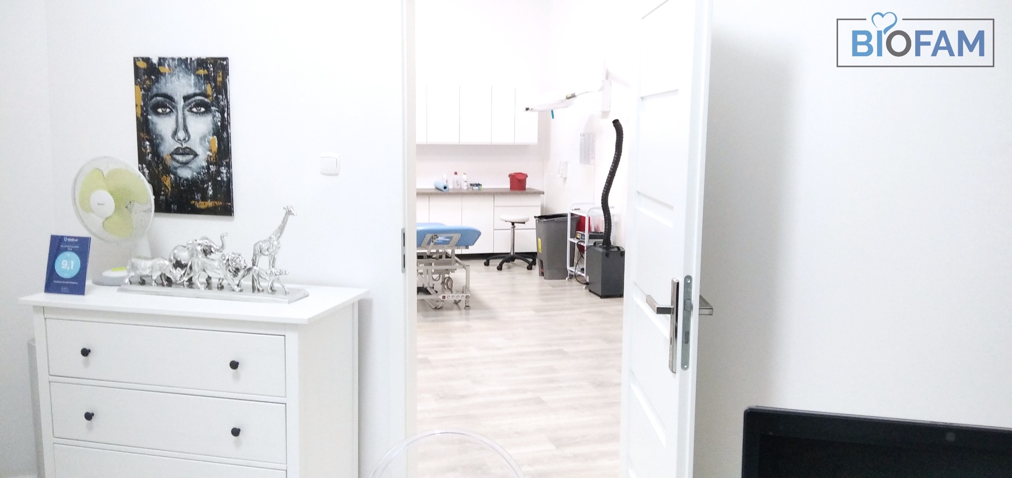 Wnętrze gabinetu medycznego z kozetką, białymi szafkami i dekoracyjną komodą z figurkami zwierząt oraz obrazem kobiety w stylu abstrakcyjnym, widoczne logo Biofam.