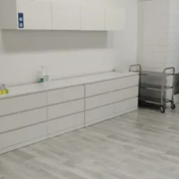 Jasne wnętrze gabinetu medycznego z aparaturą laserową, szafkami, wózkiem transportowym i kozetką, logo Biofam w prawym górnym rogu.