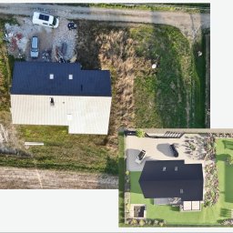 AP DESIGNERS JOANNA BATÓG - Widok z drona na dom w trakcie budowy i jego wizualizację z zagospodarowanym terenem. Porównanie stanu obecnego i planowanego. Dach z oknami połaciowymi.