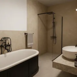 Stylowa łazienka w beżach: wolnostojąca wanna z czarną armaturą, kabina prysznicowa walk-in i umywalka nablatowa z dozownikami w minimalistycznym stylu.