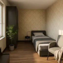 Kompaktowa sypialnia z pojedynczym ł&oacute;żkiem, fotel z pledem, ciemna szafa i drewniana podłoga. Ściany w beżowe wzory, roślina w doniczce przy oknie.