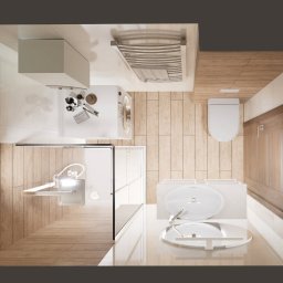 AP DESIGNERS JOANNA BATÓG - Nowoczesna łazienka z drewnianymi akcentami: kabina prysznicowa ze szkła, umywalka na blacie i pralka. Widok z góry podkreśla minimalistyczny design i funkcjonalność.