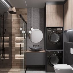 AP DESIGNERS JOANNA BATÓG - Nowoczesna aranżacja łazienki w Rybniku: prysznic typu walk-in z drewnopodobnymi płytkami, umywalka nablatowa i pralka w zabudowie. Minimalistyczny design i funkcjonalność.