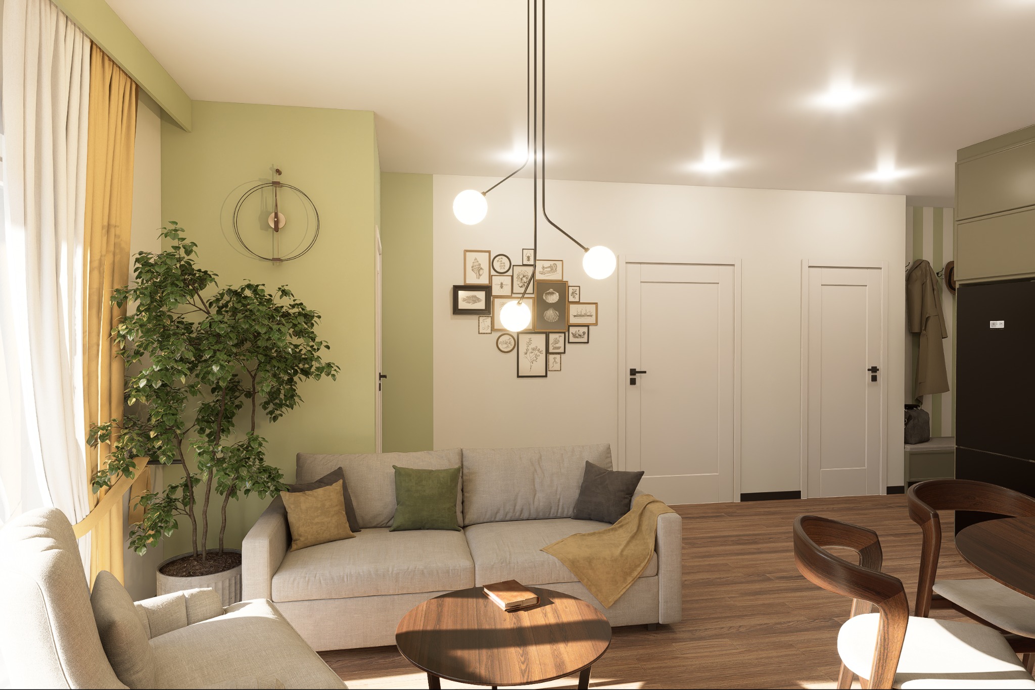 Jasne wnętrze salonu z sofą, okrągłym stolikiem, rośliną doniczkową i dekoracjami ściennymi. Nowoczesna lampa sufitowa, drewniana podłoga i minimalistyczny zegar na ścianie.