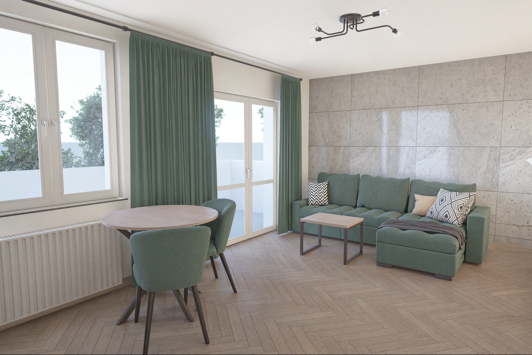 Stylowa aranżacja salonu w Rybniku: zielona sofa narożna z poduszkami, okrągły stół z krzesłami i parkiet w jodełkę. Nowoczesne oświetlenie i dekoracyjna ściana.