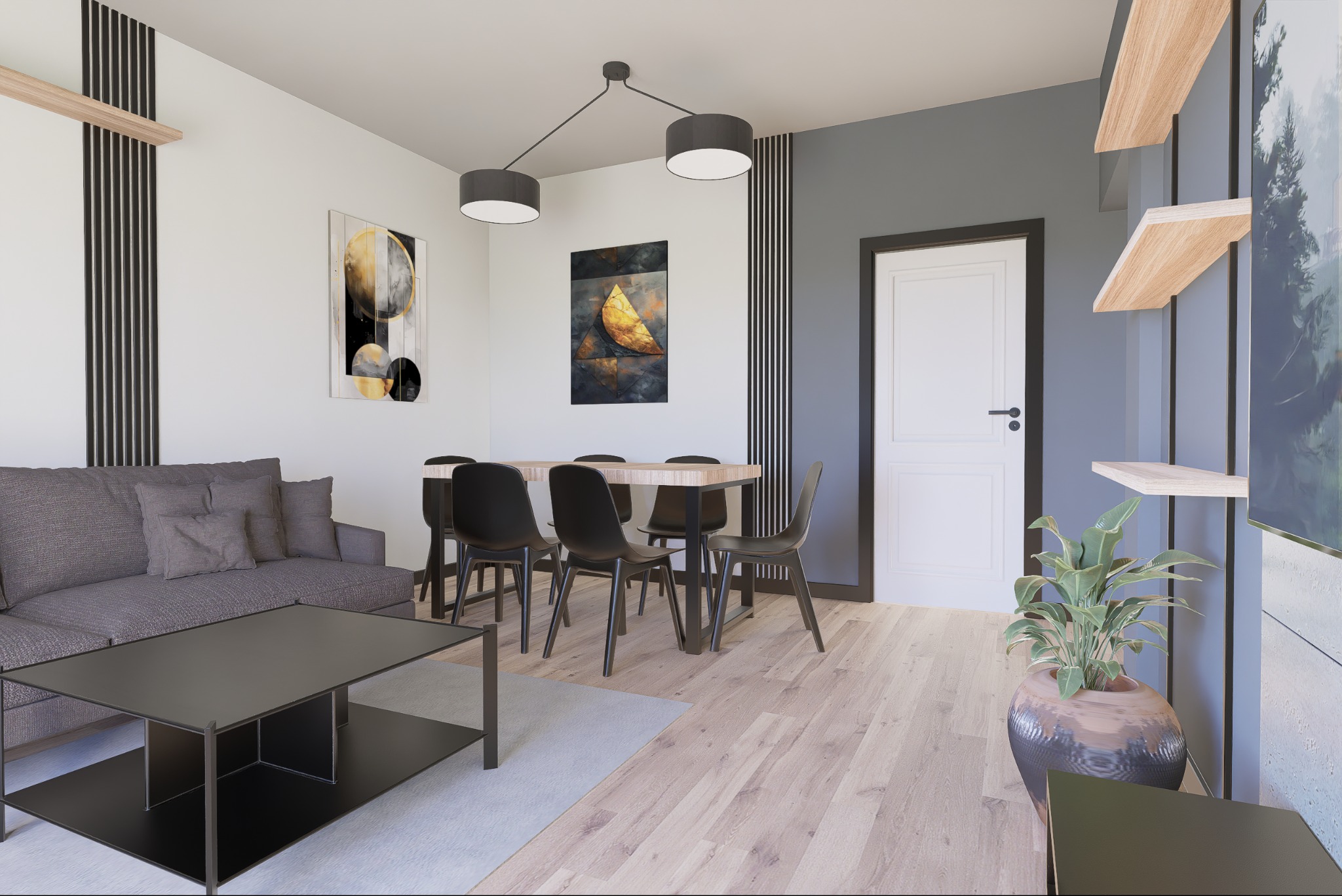 Wnętrze salonu z jadalnią: szara sofa, czarny stolik, drewniany stół z czarnymi krzesłami, abstrakcyjne obrazy i drewniane półki z rośliną doniczkową. Nowoczesny design.