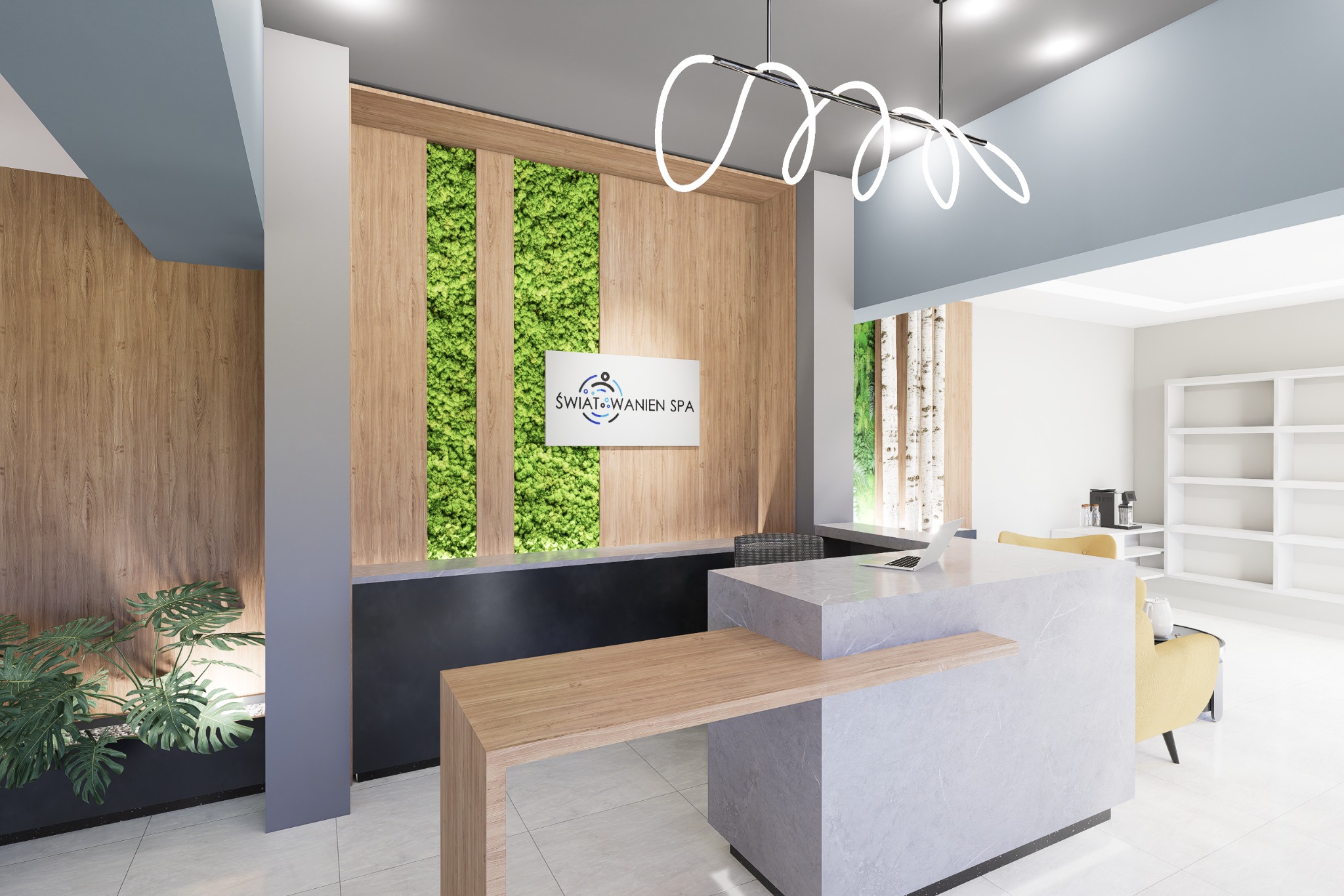 Recepcja SPA z panelem z mchu, drewnianą okładziną i nowoczesnym oświetleniem. Minimalistyczny design z roślinami doniczkowymi i elementami z kamienia.