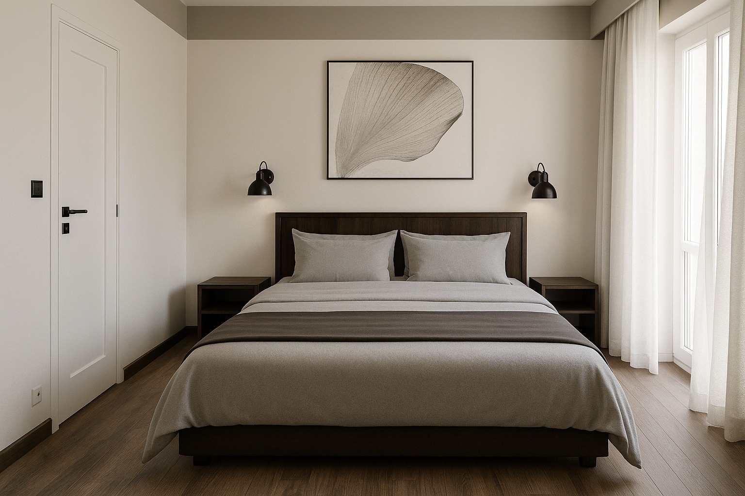 Neutralna sypialnia z drewnianym wezgłowiem, lampkami nocnymi i abstrakcyjnym obrazem. Naturalne światło wpada przez okno z białymi zasłonami, tworząc spokojną atmosferę.