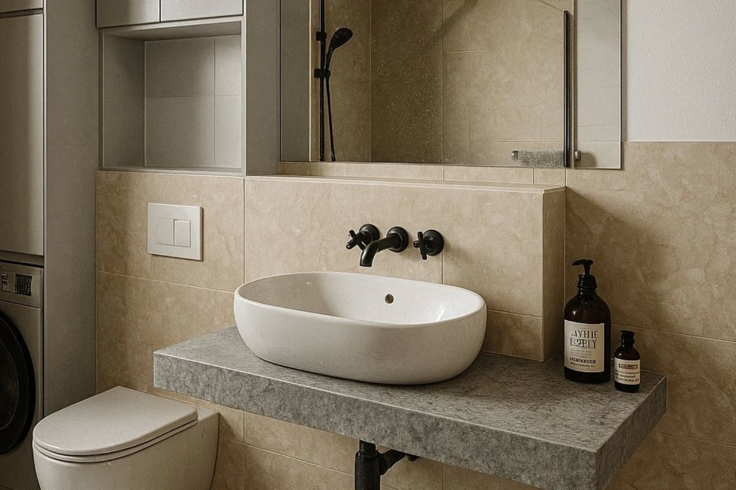 Nowoczesna łazienka z owalną umywalką na szarym blacie, czarną armaturą i beżowymi płytkami. W tle widoczna pralka i toaleta.