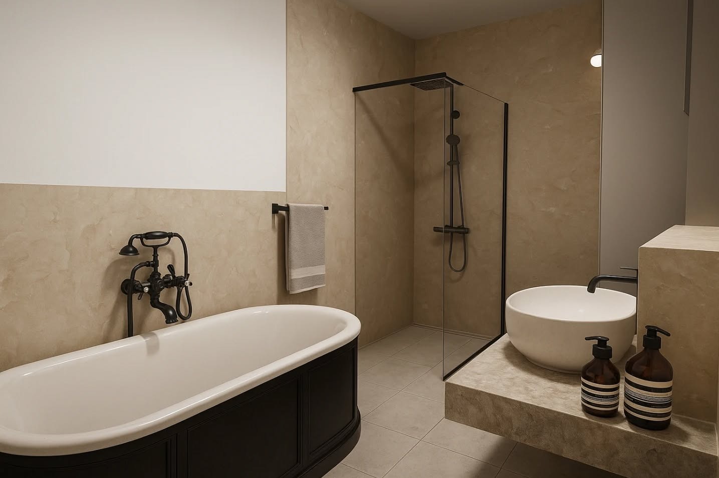 Stylowa łazienka w beżach: wolnostojąca wanna z czarną armaturą, kabina prysznicowa walk-in i umywalka nablatowa z dozownikami w minimalistycznym stylu.