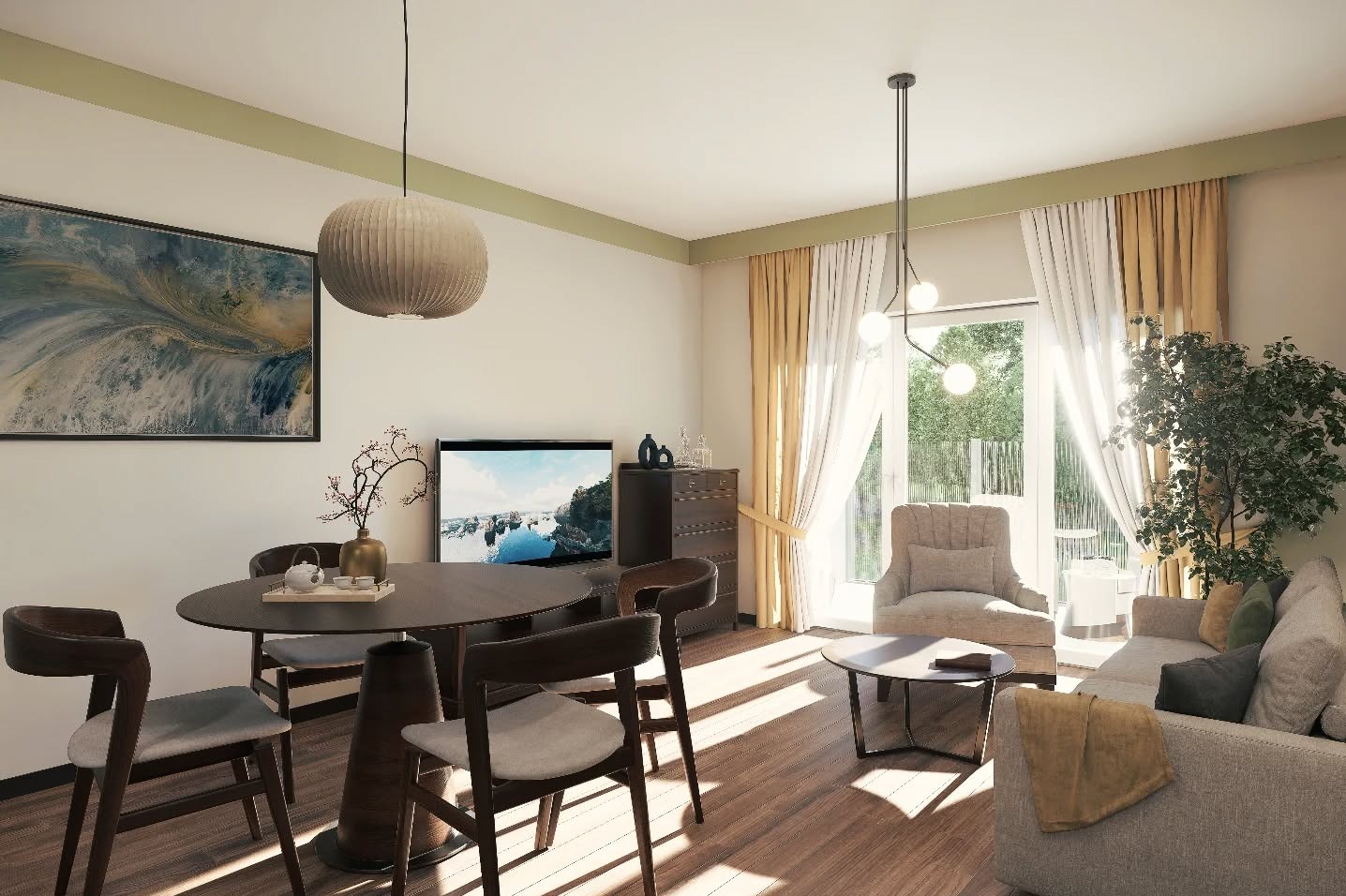 Jasne wnętrze pokoju dziennego z drewnianym stołem, krzesłami i szarą sofą. Duże okno z zasłonami wpuszcza światło. Na ścianie obraz w ciemnej ramie.