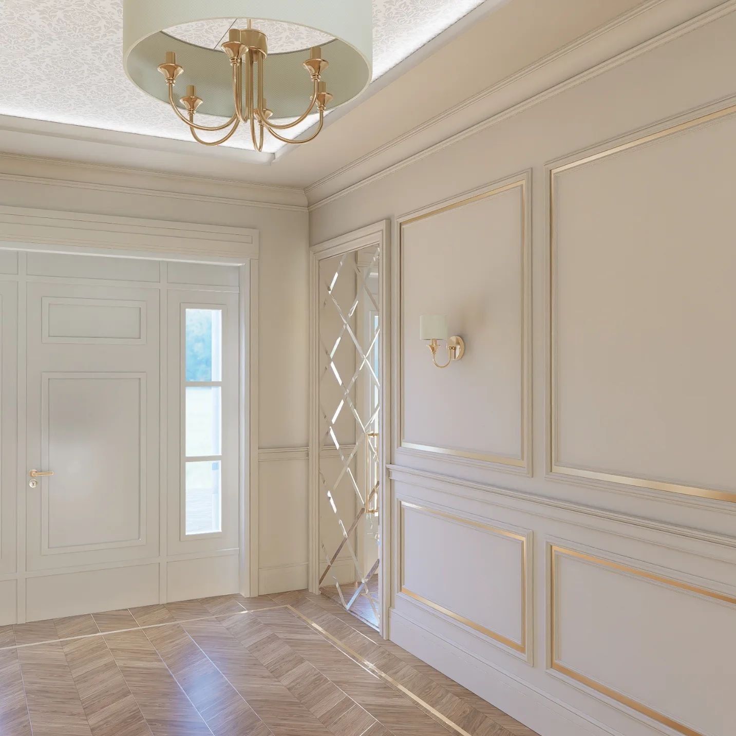 Eleganckie wnętrze: parkiet w jodełkę, białe ściany z ozdobnymi listwami w kolorze złota, lustrzane drzwi i złoty żyrandol. Klasyczny styl.