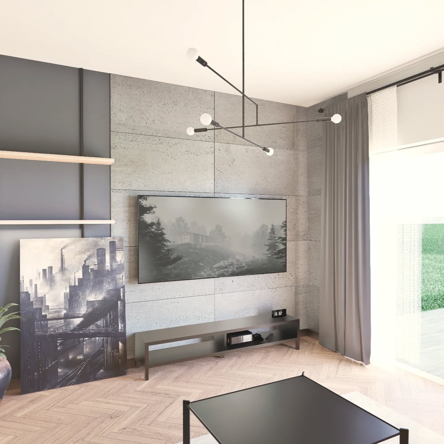 Minimalistyczny salon z betonową ścianą, obrazami i nowoczesną lampą. Widok na ogród przez okno z zasłonami. Parkiet w jodełkę.