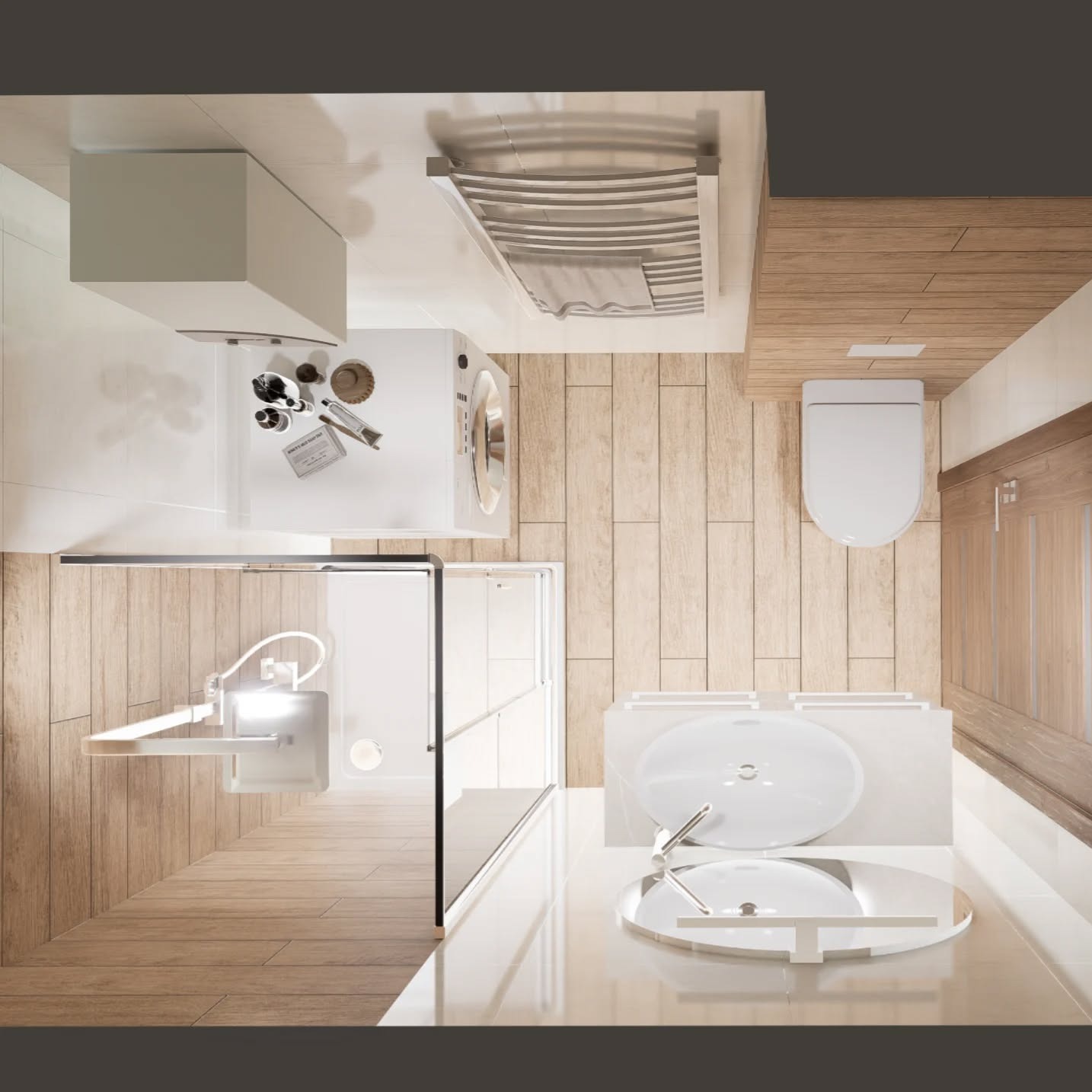 Nowoczesna łazienka z drewnianymi akcentami: kabina prysznicowa ze szkła, umywalka na blacie i pralka. Widok z góry podkreśla minimalistyczny design i funkcjonalność.