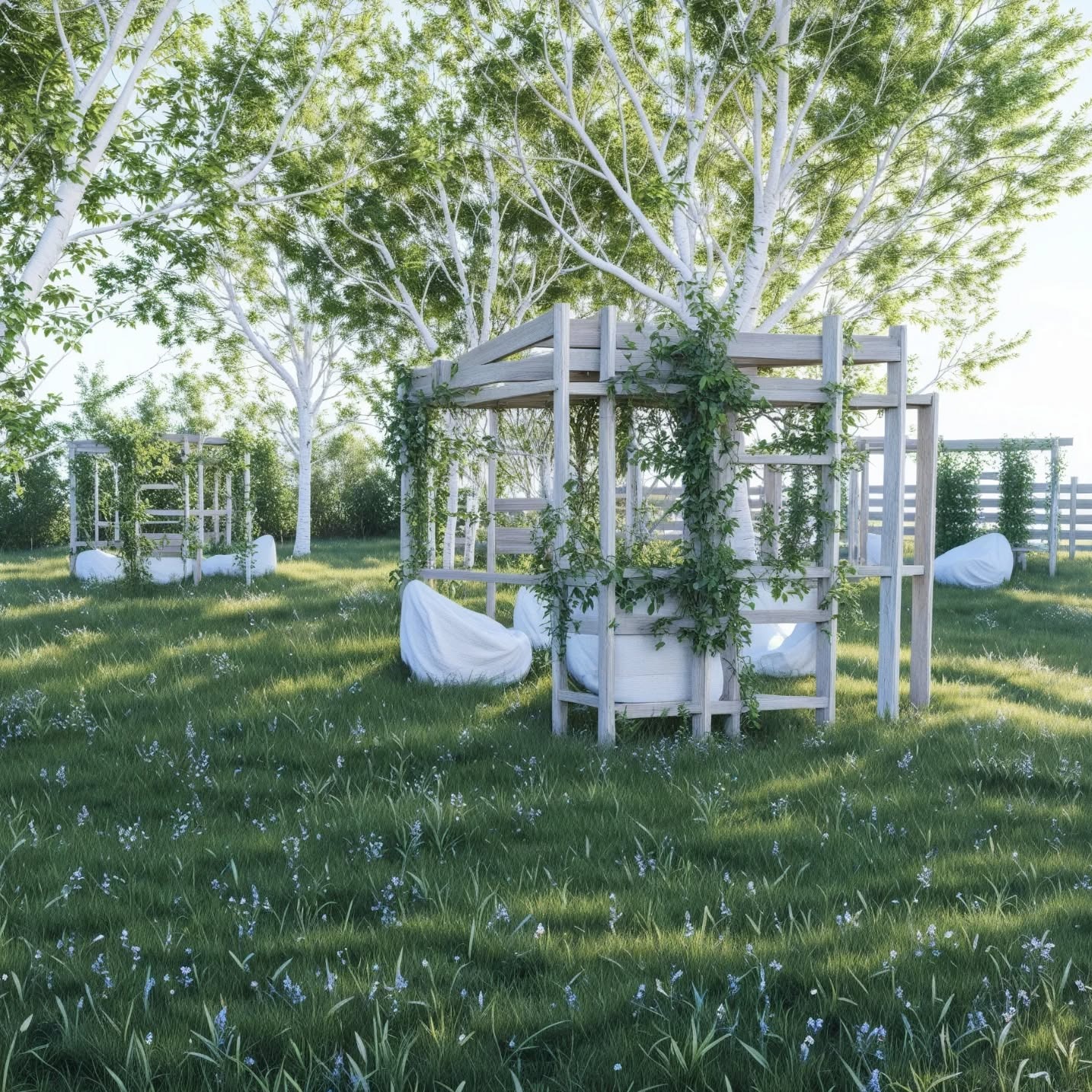 Ogród z drewnianymi konstrukcjami porośniętymi bluszczem i białymi pufami na trawie. Białe pnie drzew w tle. Słoneczny dzień.