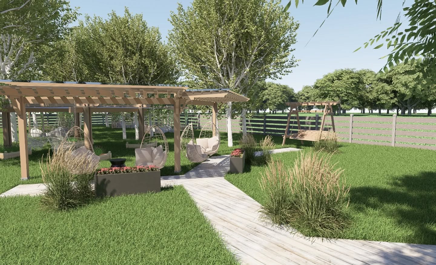 Wizualizacja ogrodu z drewnianą pergolą, wiszącymi fotelami i ścieżką z desek. W tle widoczne drzewa i drewniane ogrodzenie. Całość w jasnej, słonecznej tonacji.