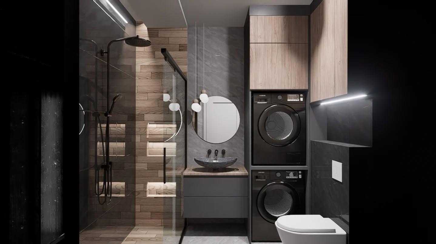 Nowoczesna aranżacja łazienki w Rybniku: prysznic typu walk-in z drewnopodobnymi płytkami, umywalka nablatowa i pralka w zabudowie. Minimalistyczny design i funkcjonalność.