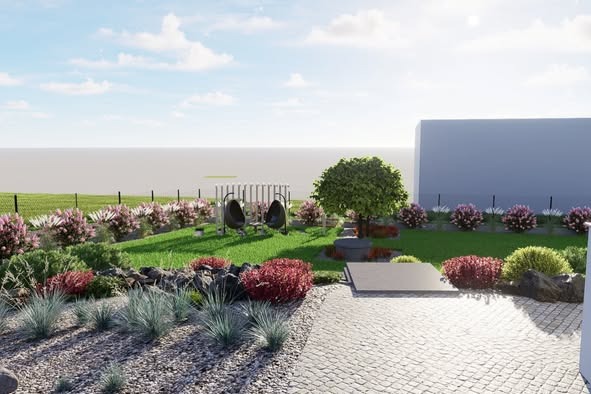 Wizualizacja ogrodu z kamienną ścieżką, rabatami kwiatowymi i dwoma wiszącymi fotelami na tle ogrodzenia i budynku. Ujęcie w słoneczny dzień.