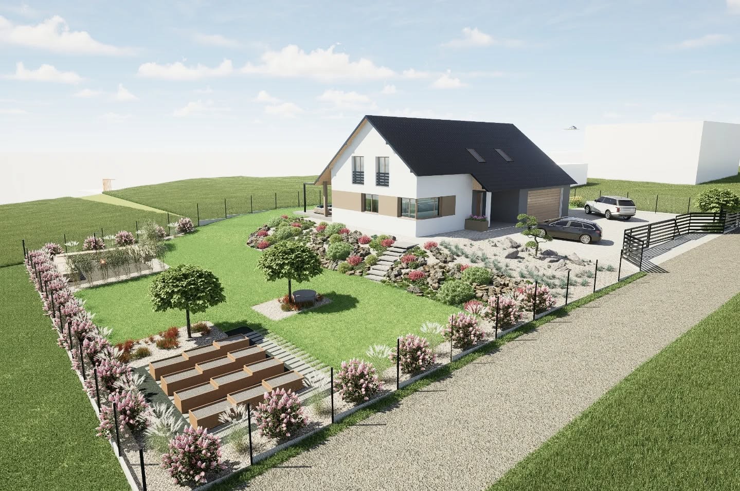Wizualizacja 3D domu z ogrodem: trawnik, drzewa, rabaty kwiatowe wzdłuż ogrodzenia, podjazd z dwoma samochodami. Nowoczesna architektura, jasne kolory, błękitne niebo.
