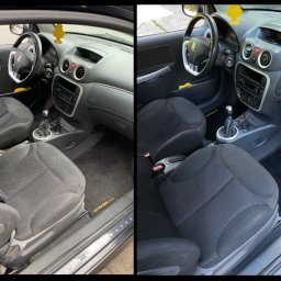 Cleanmob - Porównanie wnętrza Citroen C2 przed i po czyszczeniu tapicerki. Widoczne różnice w czystości foteli, dywaników i deski rozdzielczej. Po prawej stronie logo firmy czyszczącej.