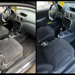 Porównanie wnętrza Citroen C2 przed i po czyszczeniu tapicerki. Widoczne różnice w czystości foteli, dywaników i deski rozdzielczej. Po prawej stronie logo firmy czyszczącej.