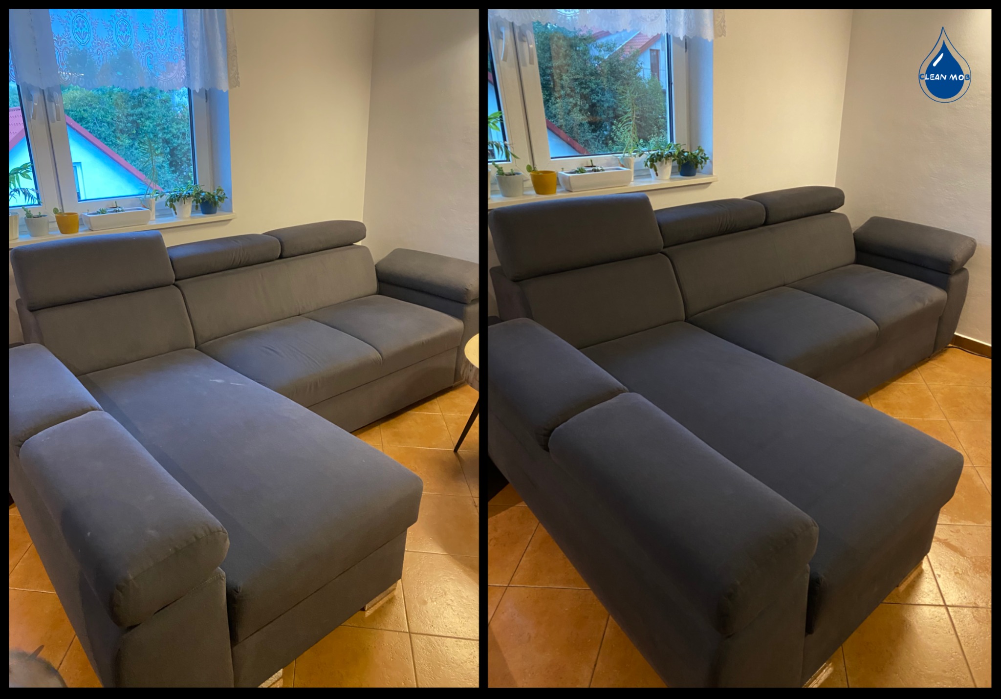 Szara, modułowa kanapa narożna przed i po czyszczeniu, widoczne różnice w odcieniu i usunięte plamy, jasne wnętrze z oknem w tle.