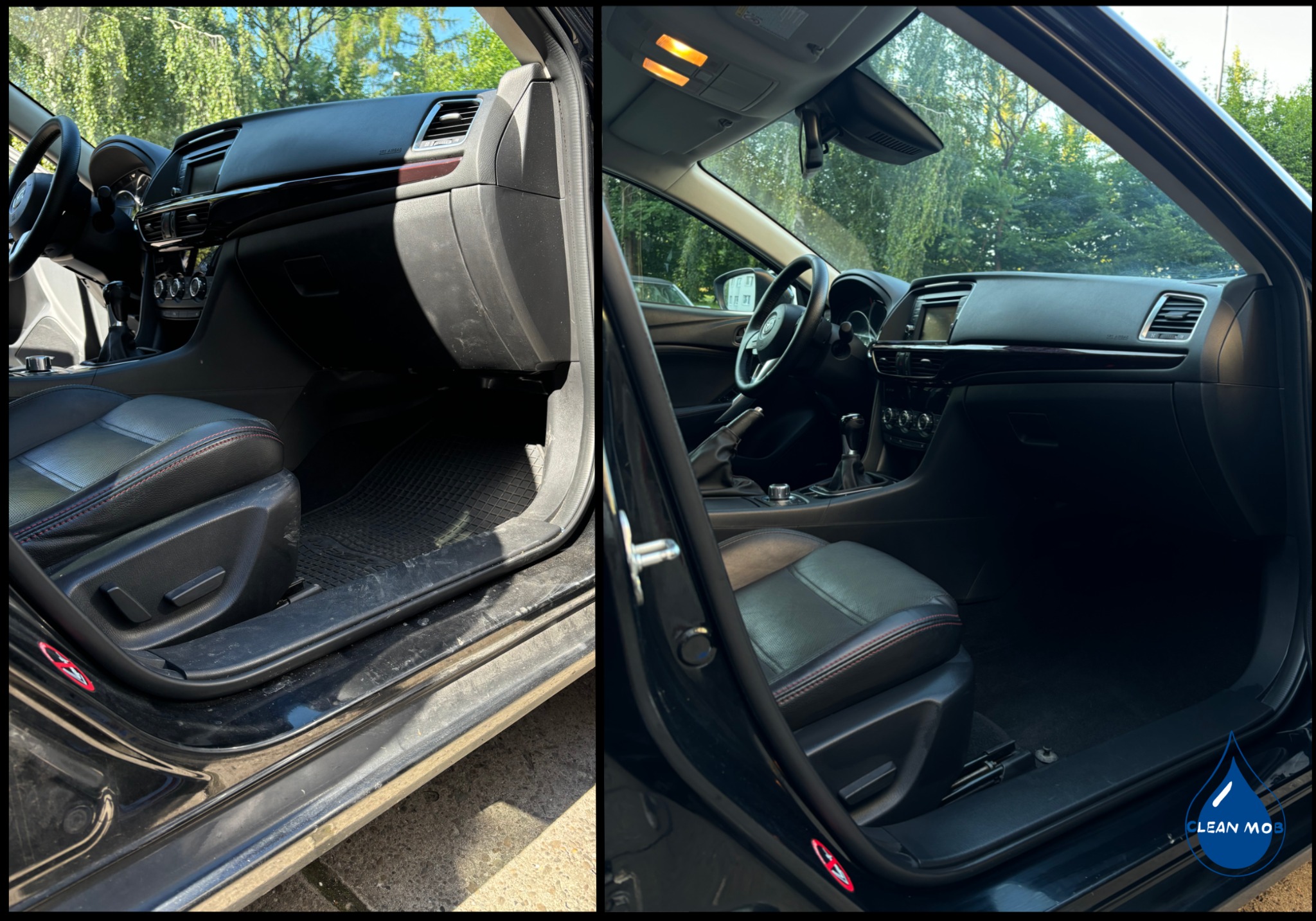 Porównanie wnętrza czarnego samochodu przed i po czyszczeniu, widoczne różnice w czystości tapicerki, dywaników i progów.