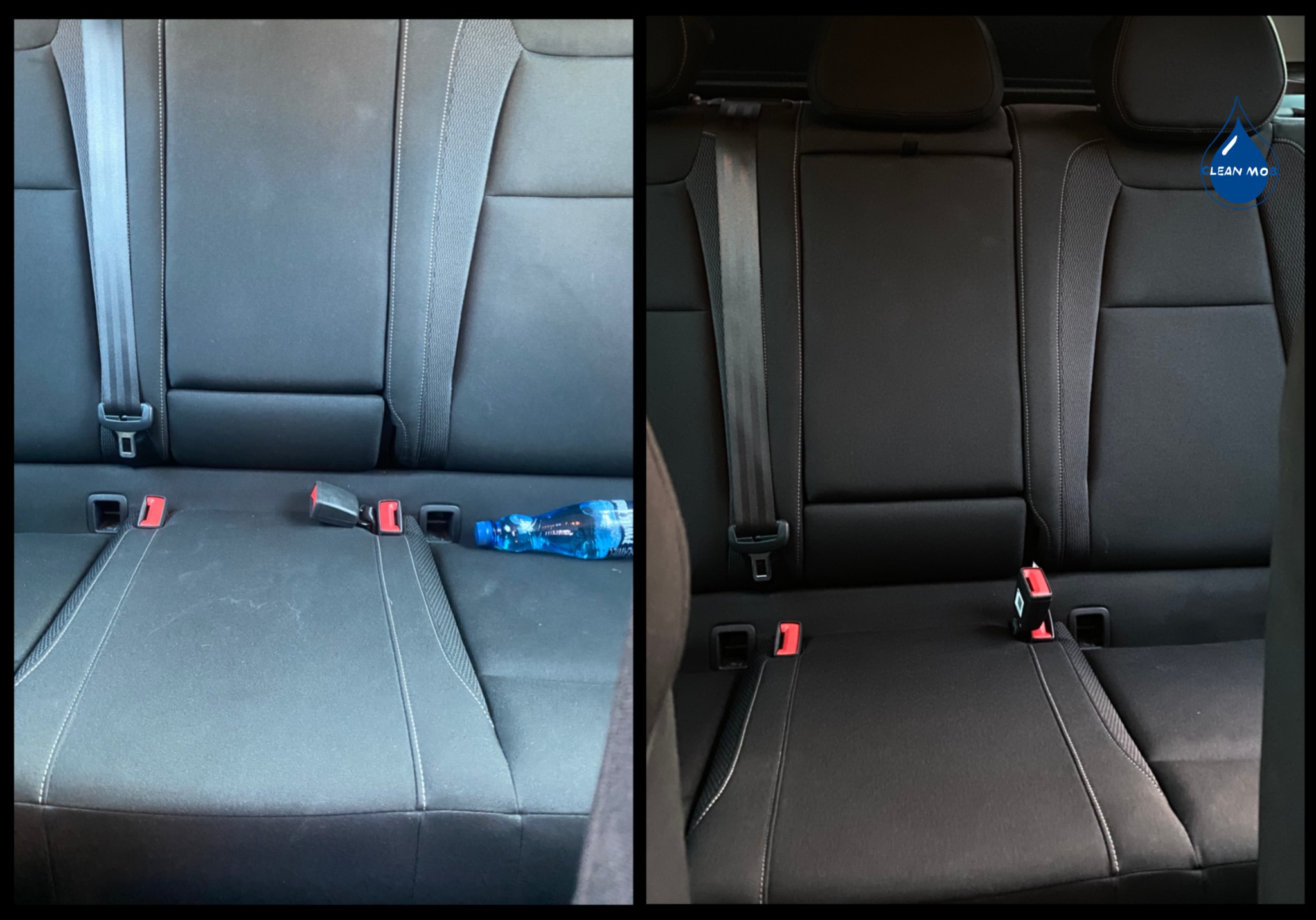 Porównanie tylnej kanapy samochodowej przed i po czyszczeniu. Po lewej widoczne zabrudzenia, po prawej czysta tapicerka z logo firmy w rogu.