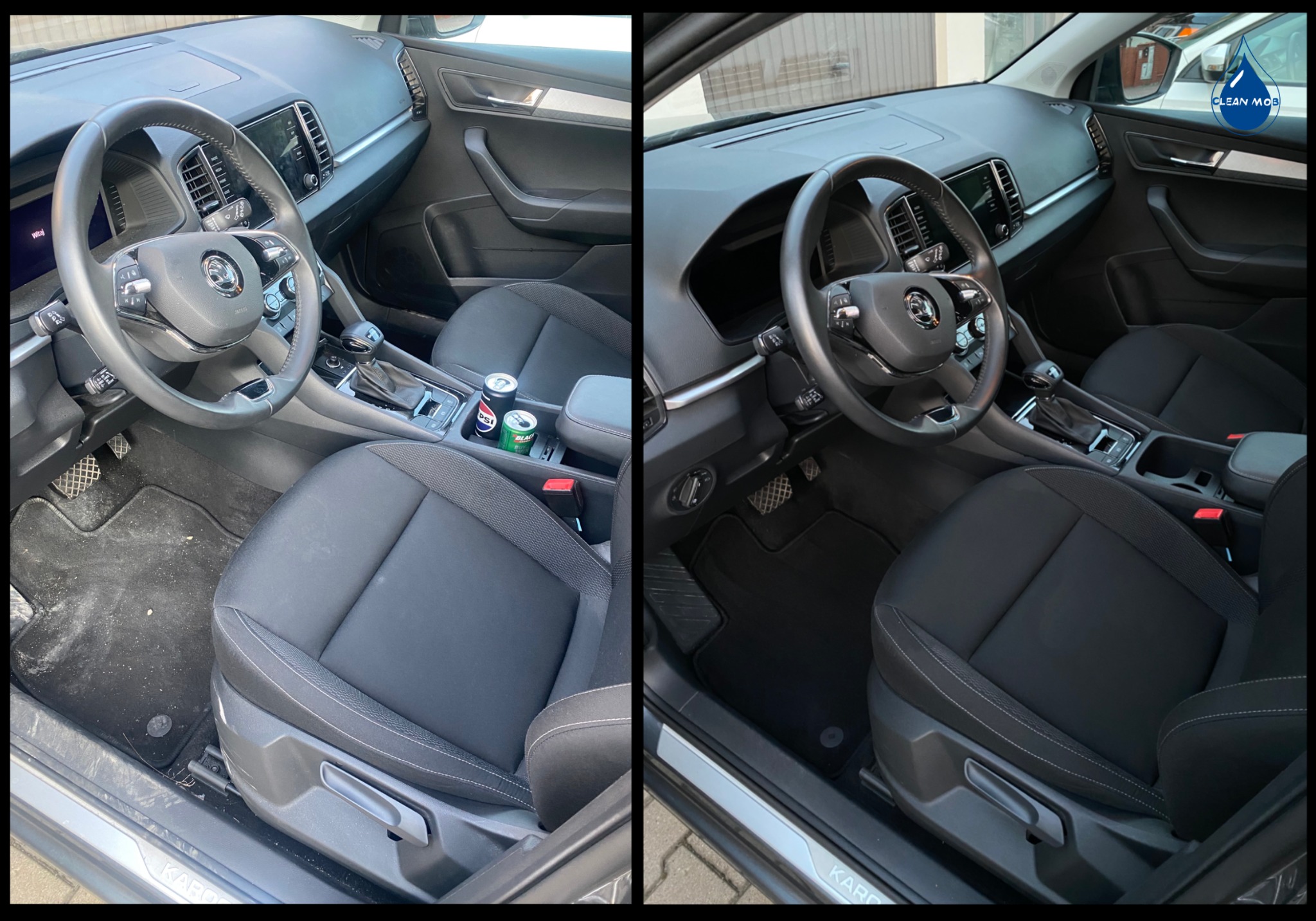 Wnętrze samochodu Skoda Karoq przed i po czyszczeniu tapicerki, widoczne różnice w czystości dywanika i fotela kierowcy, puszki napojów w schowku.