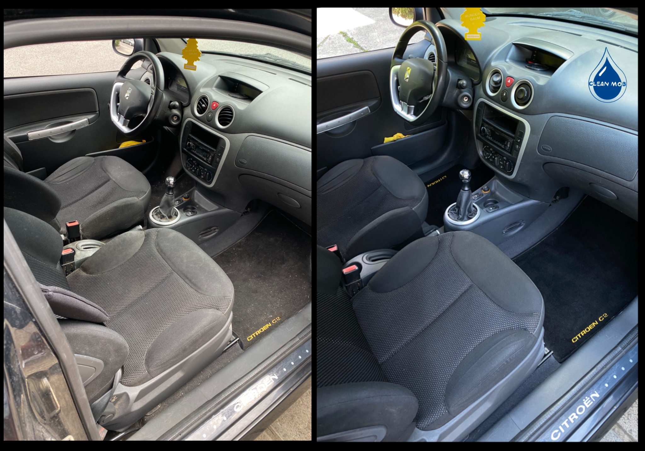Porównanie wnętrza Citroen C2 przed i po czyszczeniu tapicerki. Widoczne różnice w czystości foteli, dywaników i deski rozdzielczej. Po prawej stronie logo firmy czyszczącej.