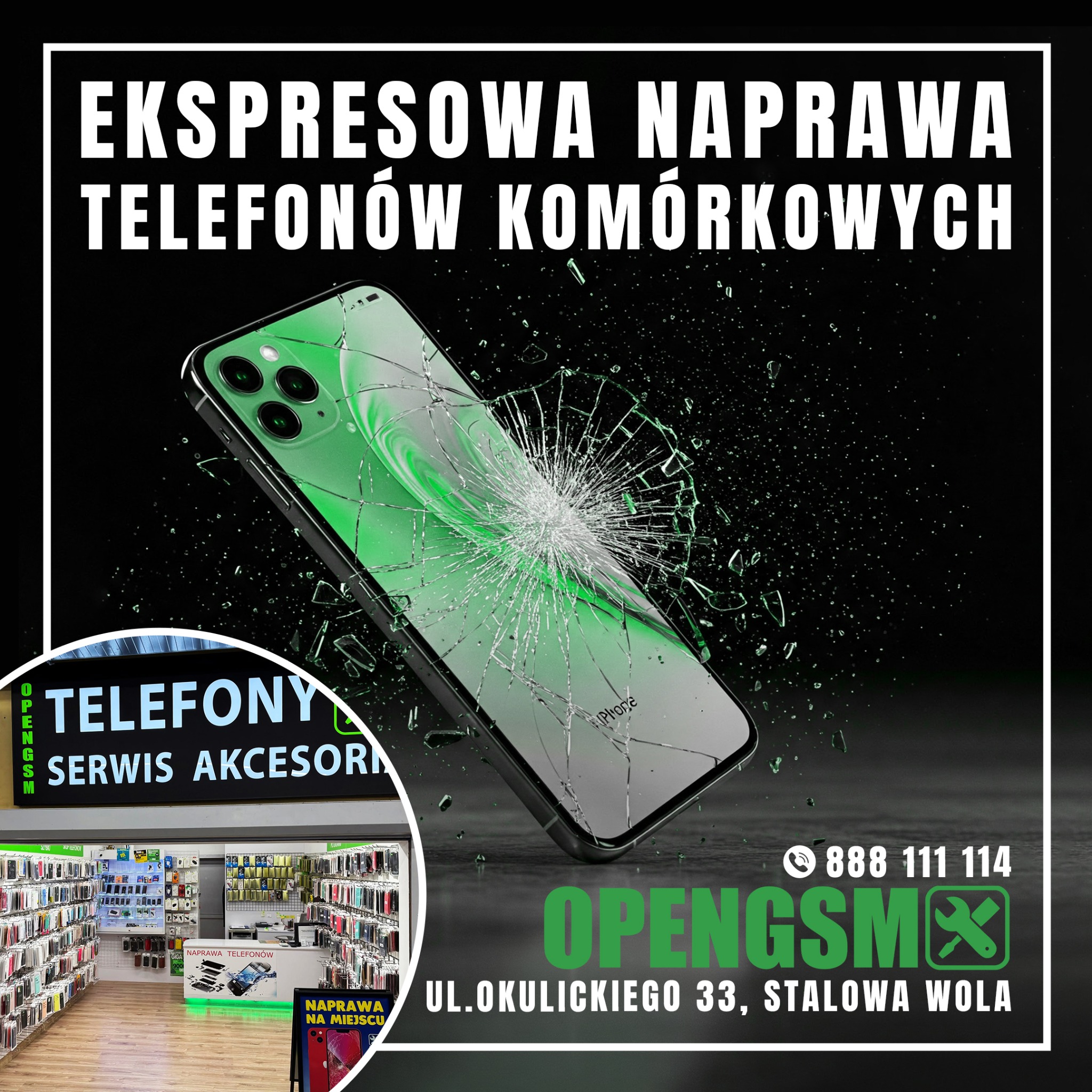Rozbity ekran iPhone'a na czarnym tle, z ofertą ekspresowej naprawy telefonów w Stalowej Woli. Widoczne logo i wnętrze sklepu z akcesoriami.