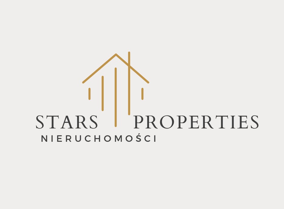 Logo firmy Stars Properties Nieruchomości z minimalistycznym symbolem domu w kolorze złotym na jasnym tle.