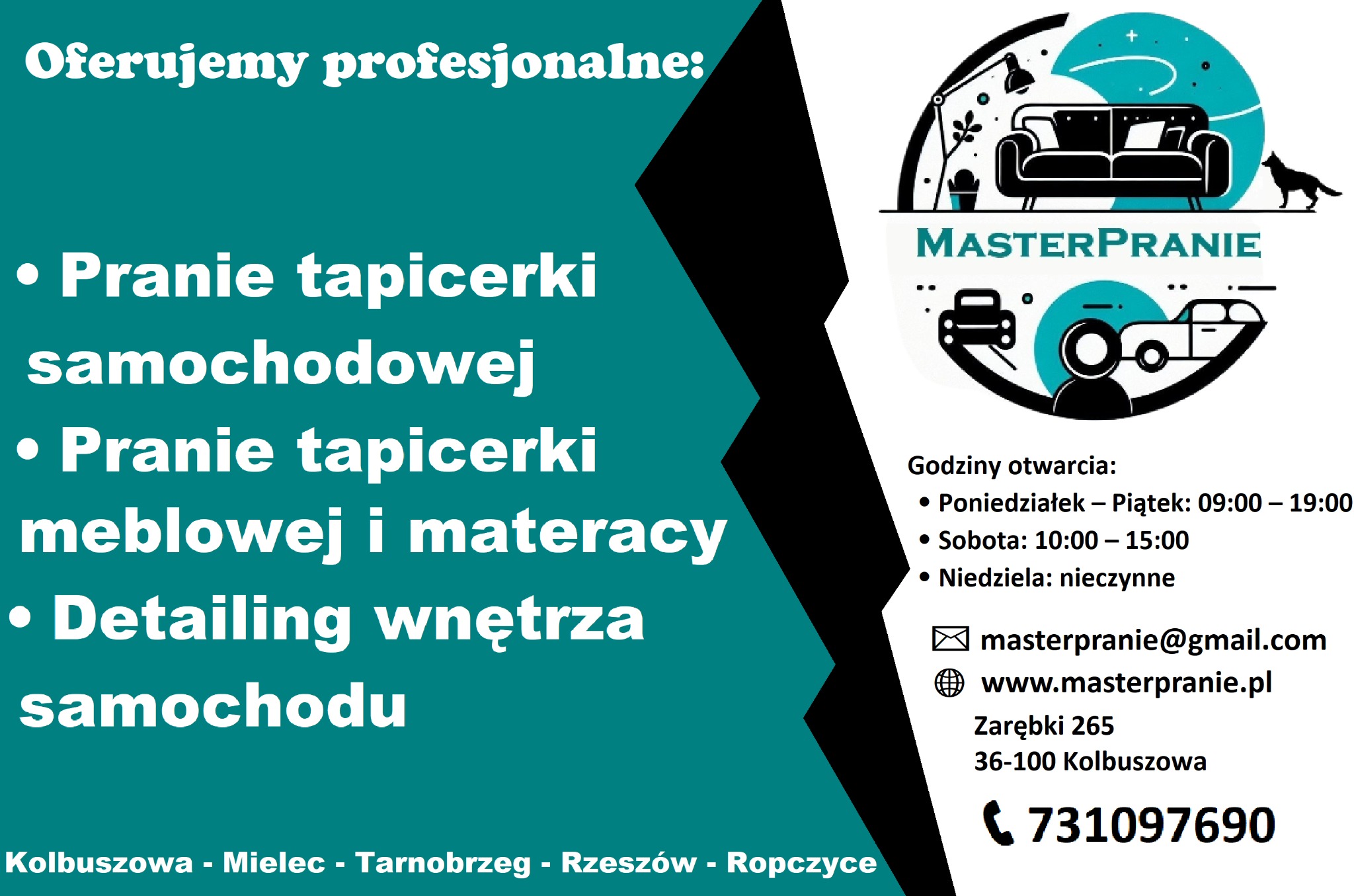 Grafika reklamowa firmy MasterPranie z listą oferowanych usług: pranie tapicerki samochodowej i meblowej, detailing wnętrza samochodu, logo z sofą, samochodem i osobą, dane kontaktowe i godziny...