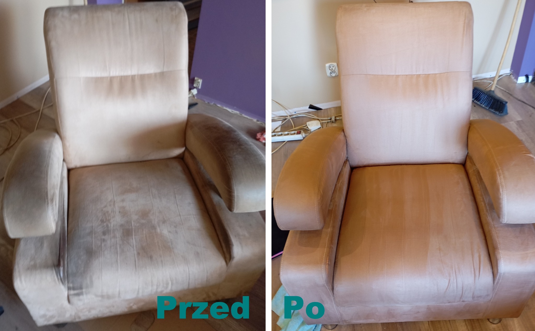 Fotel tapicerowany w Zarębkach, widok przed i po czyszczeniu, z wyraźną różnicą w kolorze i czystości tkaniny.