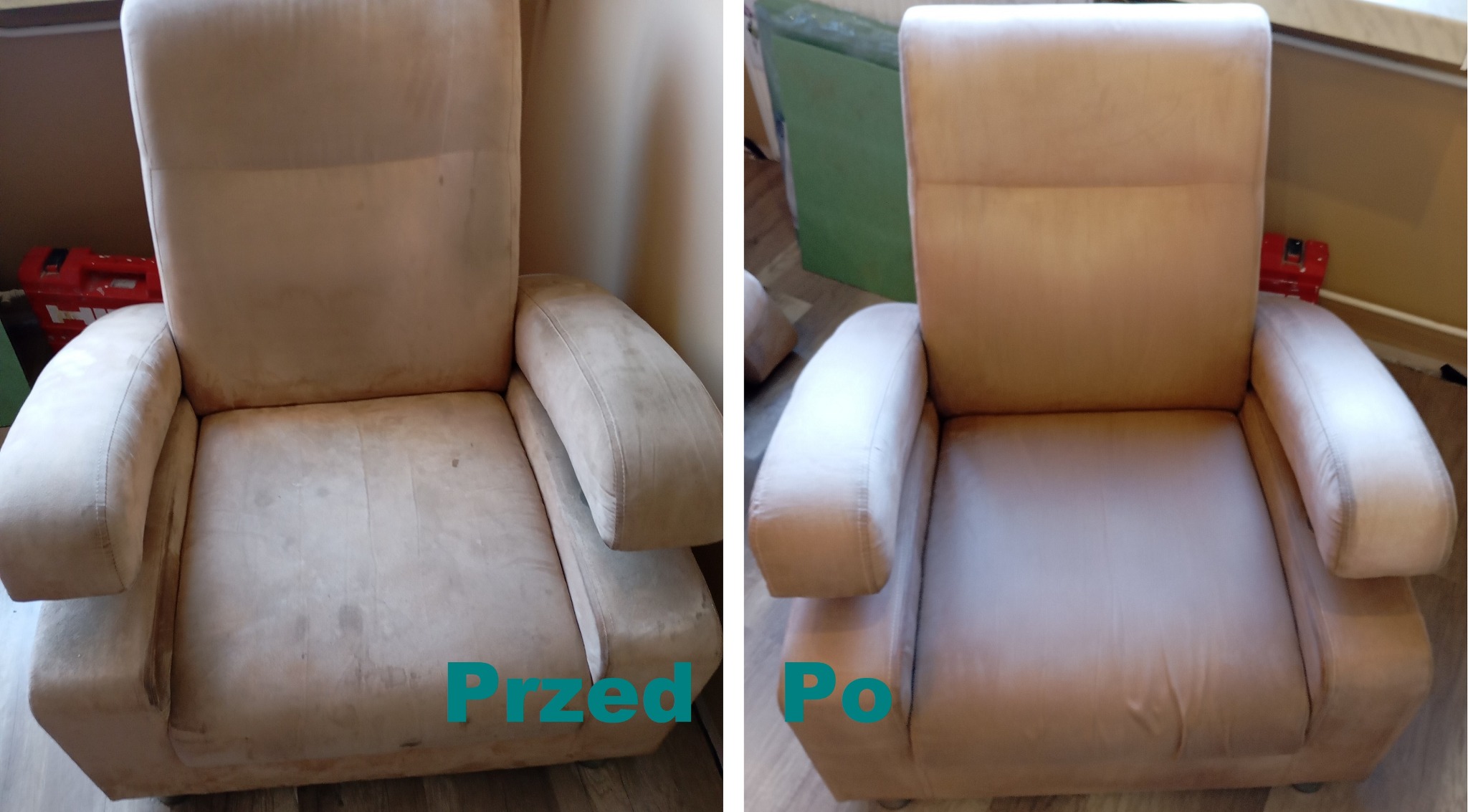 Beżowy fotel z podłokietnikami, po lewej stronie widoczny przed czyszczeniem, po prawej po czyszczeniu, widoczne różnice w odcieniu i brak plam.
