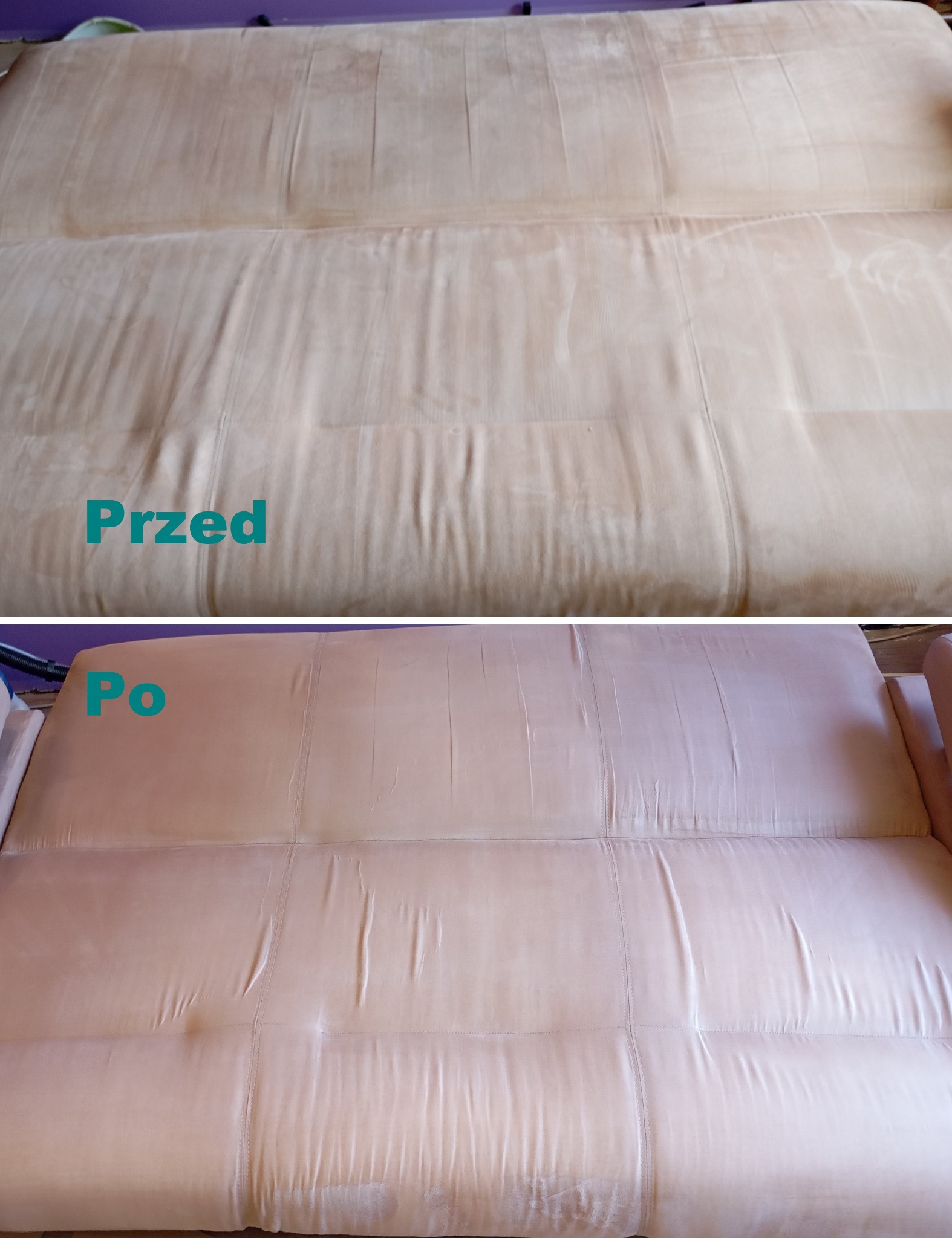Porównanie stanu kanapy przed i po czyszczeniu, widoczne wyraźne odświeżenie koloru i usunięcie zabrudzeń.