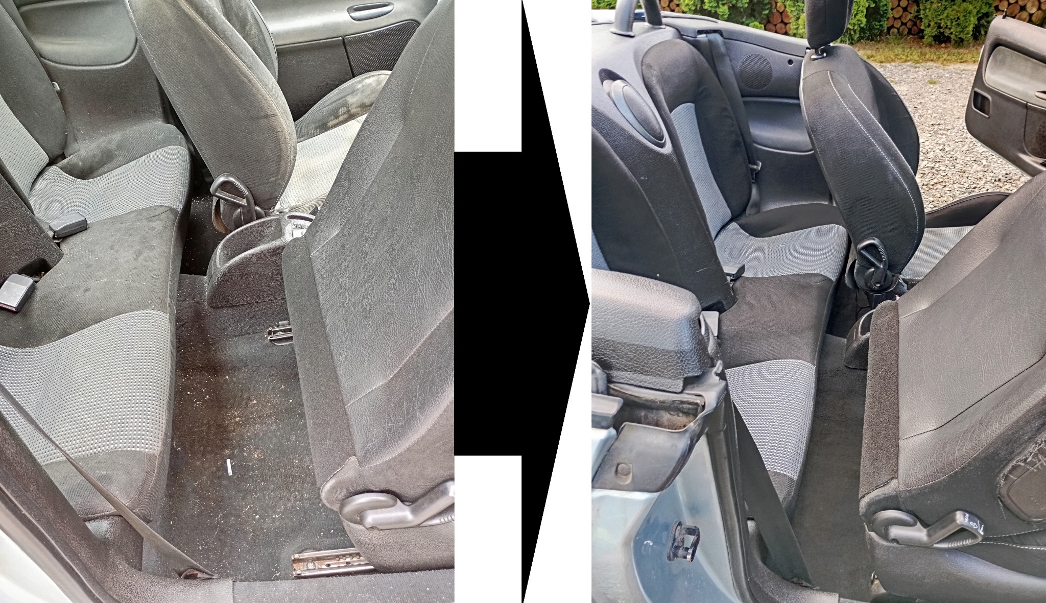 Wnętrze samochodu typu kabriolet przed i po czyszczeniu tapicerki, widoczne różnice w czystości foteli i podłogi, po lewej stronie zabrudzenia, po prawej czysta tapicerka.