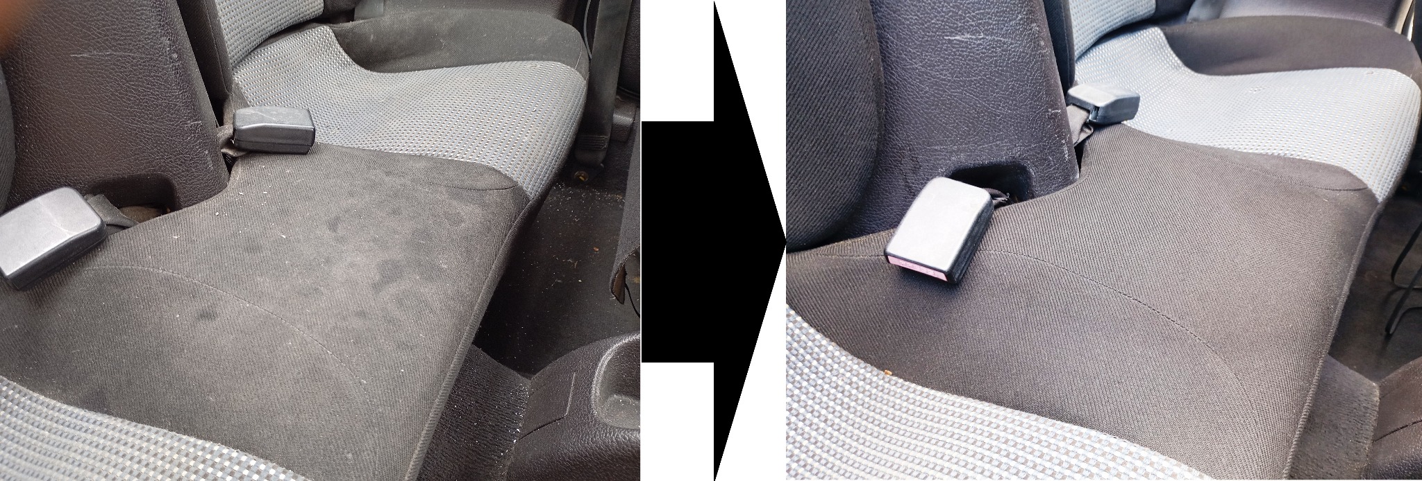 Porównanie: Fotel samochodowy z tapicerką, widoczny przed i po czyszczeniu. Po lewej stronie widoczne zabrudzenia i plamy, po prawej tapicerka czysta, odświeżona.