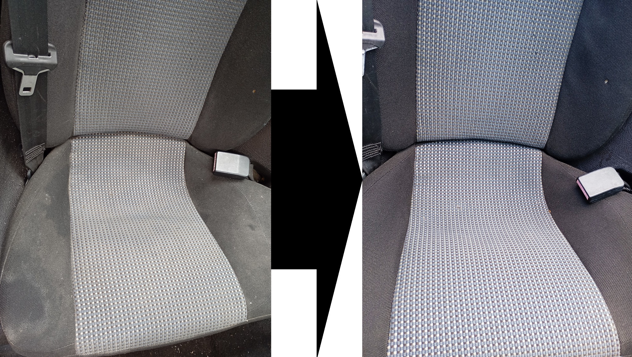 Porównanie fotela samochodowego przed i po czyszczeniu, widoczne różnice w odcieniu i usunięte zabrudzenia, zapięcie pasa bezpieczeństwa po obu stronach.