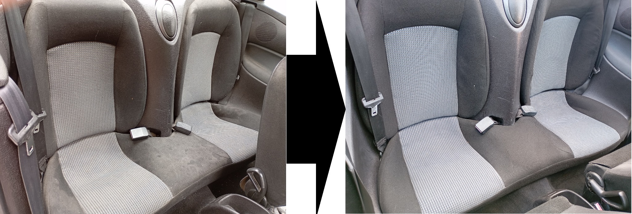 Porównanie tylnych siedzeń samochodowych: po lewej stronie widoczny brudny, zaniedbany materiał, po prawej - czysty, odświeżony wygląd po czyszczeniu.
