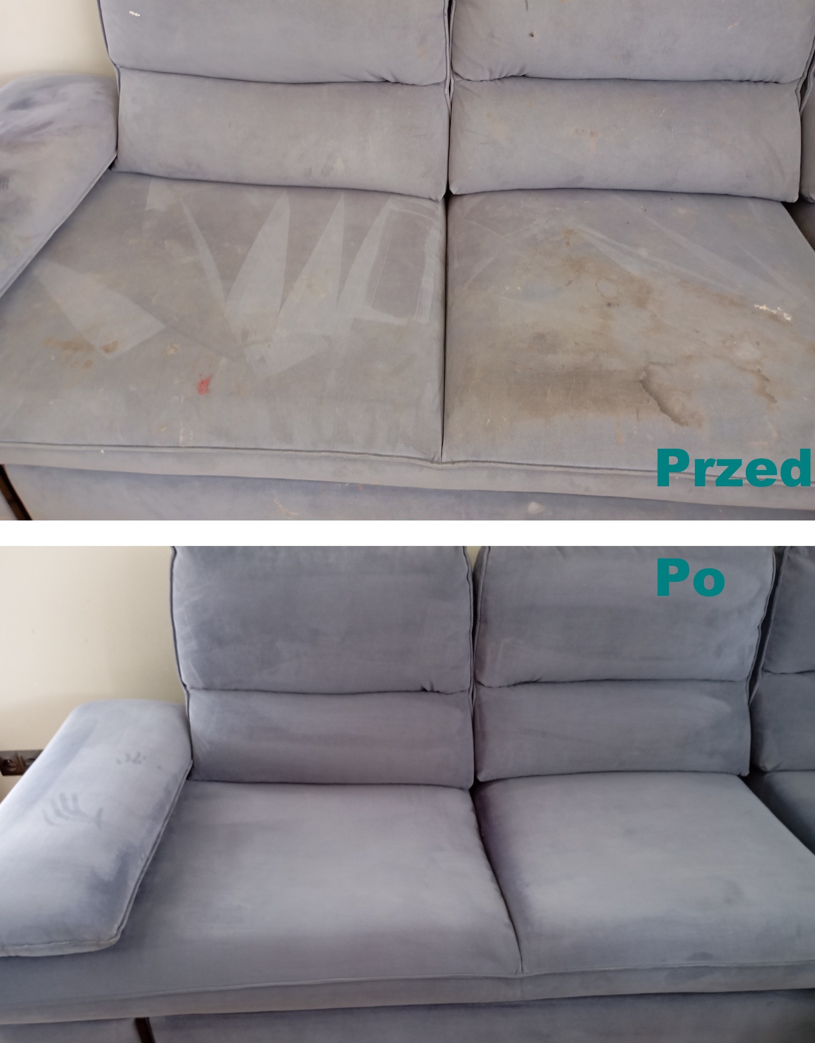 Dwu-segmentowa kanapa w odcieniach szarości, prezentująca stan przed i po czyszczeniu, widoczne plamy i zabrudzenia na górnej połowie zdjęcia oraz czysta tapicerka na dolnej połowie.